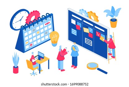 Agile project management process. Communication, teamwork, business process. Employees consult, work at the computer, plan the workflow, program and communicate. Isometric illustration.