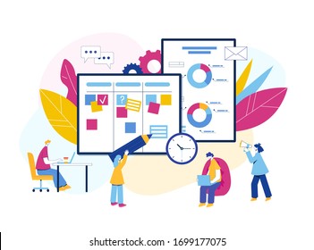 Agile project management process. Communication, teamwork, business process. Employees consult, work at the computer, plan the workflow, program and communicate. Kanban board. Scrum master. Agile