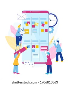 Agile project management process. Communication, teamwork, mobile app. Employees consult, plan the workflow and communicate. Digital technology. 