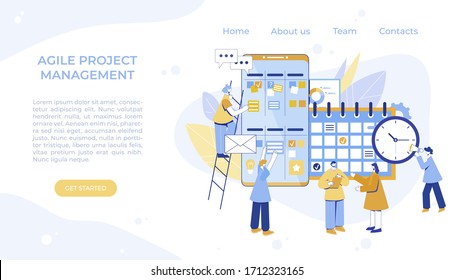 Agile project management process. Communication, teamwork, business process. Employees consult, work at the computer, plan the workflow, program and communicate. Kanban board. Scrum methodology.