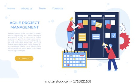 Agile project management process. Communication, teamwork, business process. Employees consult, work at the computer, plan the workflow, program and communicate. Kanban board. Scrum methodology.