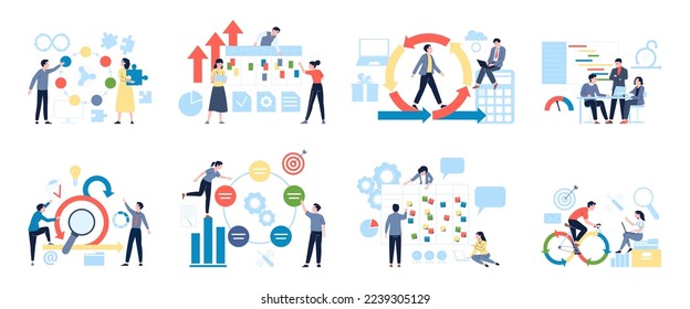 Agile project management process, product develop and deadline. Scrum method on board, time managers and planning, recent vector scenes