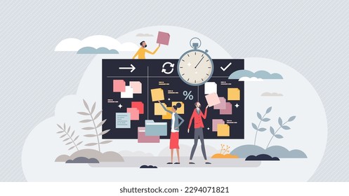 Agile project management for software development work tiny person concept. Process strategy and method for effective and productive programming and coding vector illustration. Continuous approach.