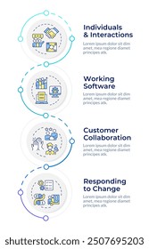 Gestión ágil de proyectos valora la Plantilla de diseño infográfico. Metodología del flujo de trabajo. Visualización de datos 4 opciones. Diagrama de flujo de Vertical de proceso
