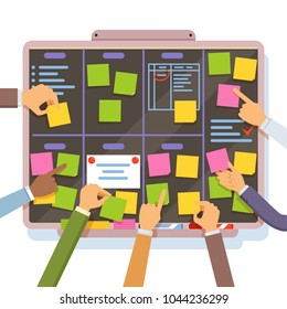 Agile project plan. Hands holding and put notes on the planning board. Vector scheduling daily and reminder, agility process and methodology illustration