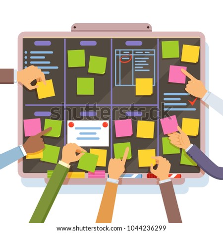 Agile project plan. Hands holding and put notes on the planning board. Vector scheduling daily and reminder, agility process and methodology illustration