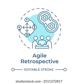 Ícone de conceito retrospectivo ágil. Gerenciamento de fluxo de trabalho. Revisão de comentários, desenvolvimento. Ilustração de linha de forma redonda. Ideia abstrata. Design gráfico. Fácil de usar em infográfico, apresentação