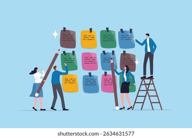 Agile scrum, sprint or idea brainstorming, teamwork planning development meeting, team meeting workflow or improvement feedback, business people team brainstorm and discuss on sticky notes.