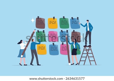 Agile scrum, sprint or idea brainstorming, teamwork planning development meeting, team meeting workflow or improvement feedback, business people team brainstorm and discuss on sticky notes.