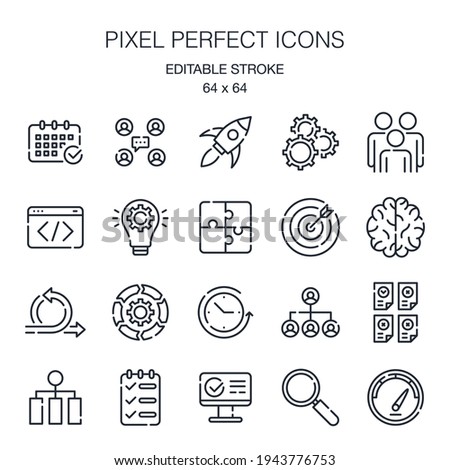 Agile software development methodology editable stroke outline icons set isolated on white background vector illustration. Pixel perfect. 64 x 64.