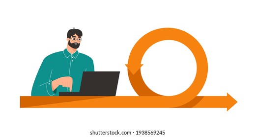 Agile Software Development Methodology. Scrum Process Concept. Male Developer Working On A Laptop. Project Management. Flexible Product Development Cycle. Isolated Flat Vector Illustration