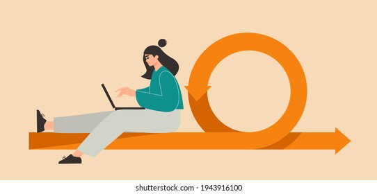 Agile software development methodology. Scrum process concept. Woman developer working on a laptop. Project management. Flexible product development cycle. Isolated flat vector illustration