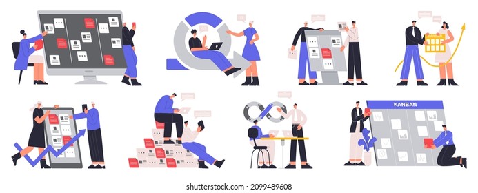 Agile software development team, devOps, kanban board, scrum sprint scheme. IT software development team workflow vector illustration set. DevOps team work strategy, project management