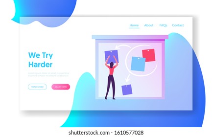 Agile Software Development Website Landing Page. Business Woman Put Stick Notes on Board Create Strategy of Project Management. Kanban Technology Web Page Banner. Cartoon Flat Vector Illustration