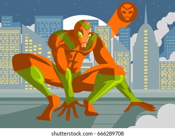 agile superhero crawling in city roof