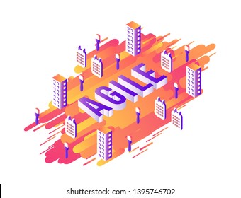 Agile text design with violet volumetric sign and business elements in isometric projection on gradient orange stripes and shapes isolated on white background in vector illustration.