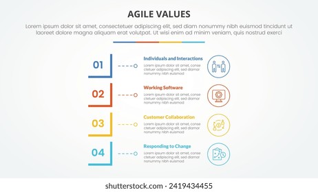 agile values infographic concept for slide presentation with modified square shape vertical stack with 4 point list with flat style