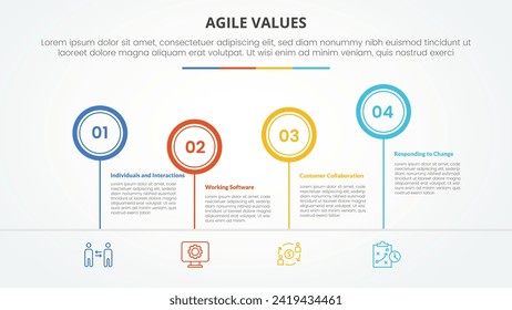 agile values infographic concept for slide presentation with outline circle timeline up and down with 4 point list with flat style