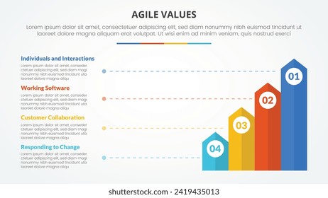 agile values infographic concept for slide presentation with vertical rectangle arrow with line description with 4 point list with flat style