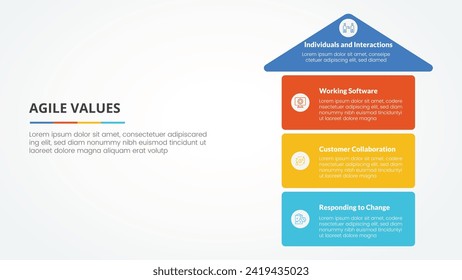 agile values infographic concept for slide presentation with arrow top direction and box stack structure with 4 point list with flat style