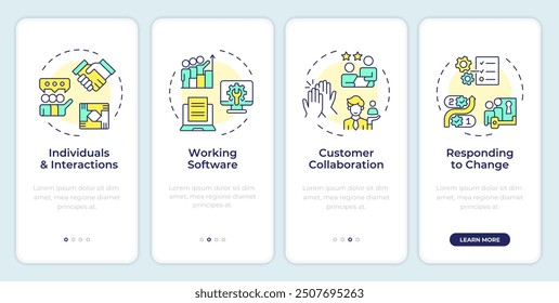 Agile values onboarding mobile app screen. Workflow organization. Walkthrough 4 steps editable graphic instructions with linear concepts. UI, UX, GUI template