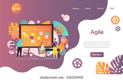 Agile vector website template, web page and landing page design for website and mobile site development. Team developing software using agile kanban methodology with cards they move on task board.