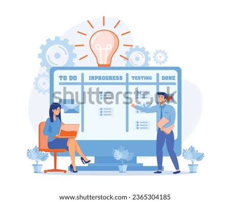 agile visual project management method, teamwork concepts. programmer team moving cards on electronic kanban task board. flat vector modern illustration  