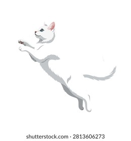 Agile White Cat Leaping Forward Vector Illustration, Playful Domestic Pet Pouncing on White Background