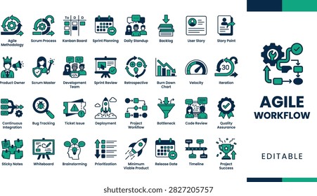 Agile workflow icon set for continuous integration bug tracking sticky notes and project collaboration