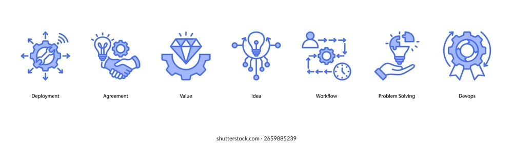 Agile workflow web banner icon vector illustration with agreement values, idea exchange, streamlined workflow, problem solving, DevOps practices, and agile productivity.
