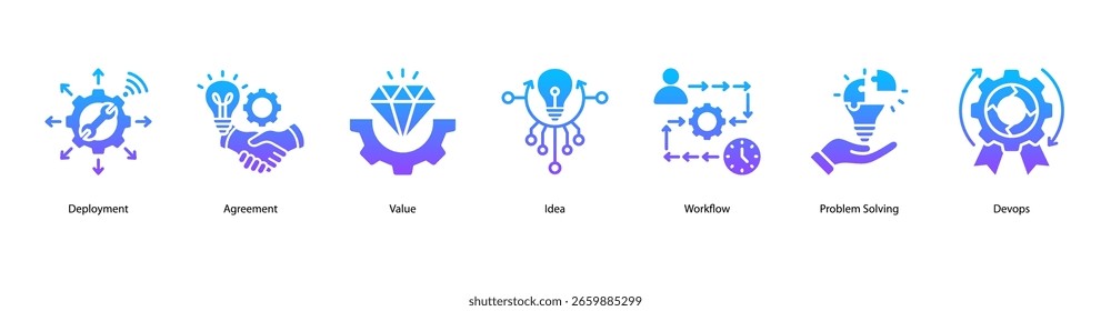 Agile workflow web banner icon vector illustration with agreement values, idea exchange, streamlined workflow, problem solving, DevOps practices, and agile productivity.