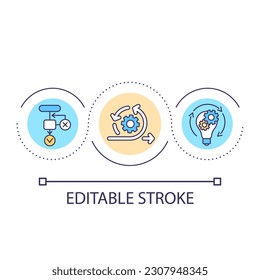 Icono de la agilidad en el concepto de bucle de planificación empresarial. Estrategia de desarrollo adaptable. Ilustración de línea delgada de idea abstracta de administración. Dibujo de contorno aislado. Trazo editable. Tipo de letra arial utilizado