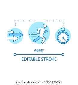 Agility concept icon. Purposefulness idea thin line illustration. Goal achievement. Motion. Aspirations. Worker running and hurry up. Vector isolated outline drawing. Editable stroke
