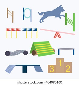 Agility dog obstacles vector. Dog sport equipment illustration. Dog agility equipment vector illustration. Agility dog isolated on white background. Jumping obstacles illustration.