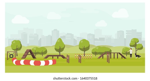 Agility track in city park flat illustration. Dog playground vector. Woman training dog in public park. Training equipment: barriers, swing, tunnel, slalom. svg