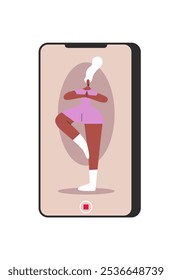 Aging Black Woman demonstrates balance and flexibility by standing on one leg in online app. Female character looks focused and calm. Flat Vector illustration in cartoon style.