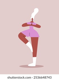 Aging Black Woman demonstrates balance and flexibility by standing on one leg. Female character looks focused and calm in Yoga. Vector illustration in cartoon style.