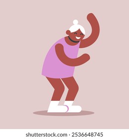 Aging Black Woman demonstrates balance and flexibility. Female character looks focused and calm. Vector illustration in cartoon style.