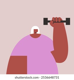Aging Black Woman demonstrates mussels. Female character looks focused and calm. Vector illustration in cartoon style.