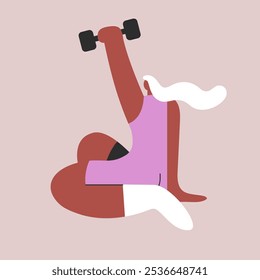 Mujer negra envejecida haciendo ejercicio. El personaje femenino se ve enfocado y tranquilo. Ilustración vectorial plana en estilo de dibujos animados.