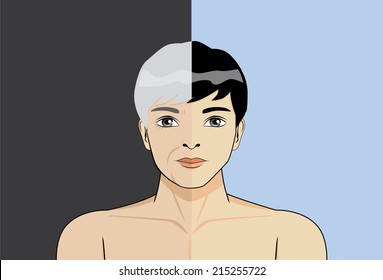 Aging concept, compare 2 age between old man and young Man in one picture