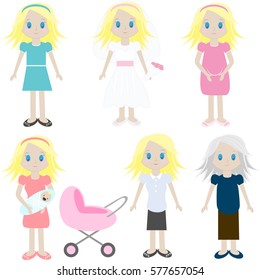 Aging concept of female characters, the cycle of life from childhood to old Ð°ges. Vector illustration in a flat style