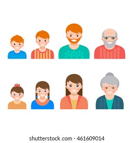 Aging concept portrait showing the process of aging from young to senior, colorful vector flat illustration