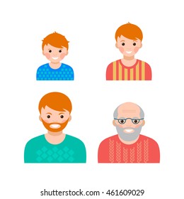 Aging concept portrait showing the process of aging from young to senior, colorful vector flat illustration