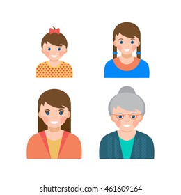 Aging concept portrait showing the process of aging from young to senior, colorful vector flat illustration