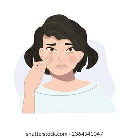 Concepto de preocupación por el envejecimiento. Retrato de mujer preocupada con guirnaldas bajo los ojos. Ilustración de dibujos animados de vector plano