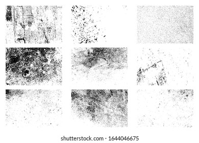 Aging creative design elements bundle. Nine dirty distressed overlay textures set. Grunge grainy backgrounds collection. Dirty black and white backdrop. Aged messy template. EPS10 vector.