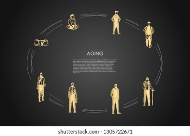 Aging - different stages of man age from infance, childhood boy to adult and old man vector concept set. Hand drawn sketch isolated illustration