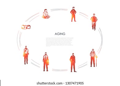 Aging - different stages of man age from infance, childhood boy to adult and old man vector concept set. Hand drawn sketch isolated illustration