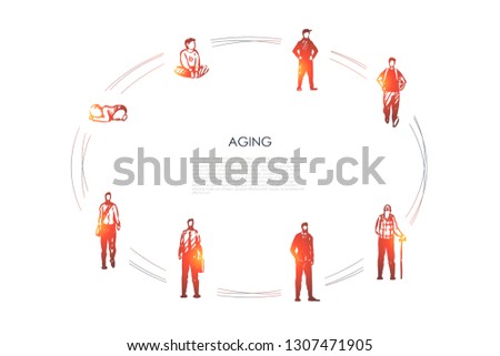 Aging - different stages of man age from infance, childhood boy to adult and old man vector concept set. Hand drawn sketch isolated illustration